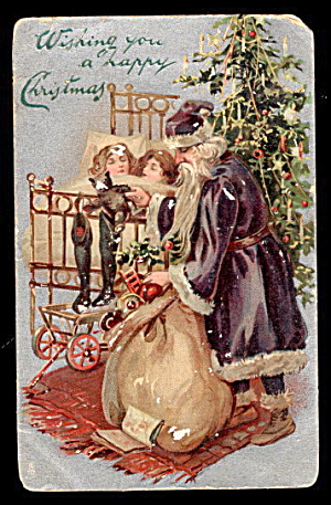 1907 Tucks Christmas Purple Santa w Bear Postcard (Image1)