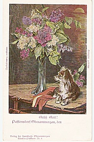 German Small Terrier Dog with Violets 1904 Postcard (Image1)