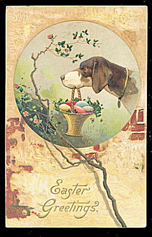 Easter Greetings Dog with Basket 1908 Postcard (Image1)