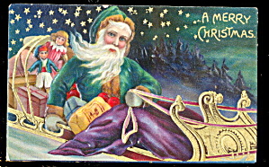 Santa Claus in Green Robe in Sleigh 1907 Postcard (Image1)