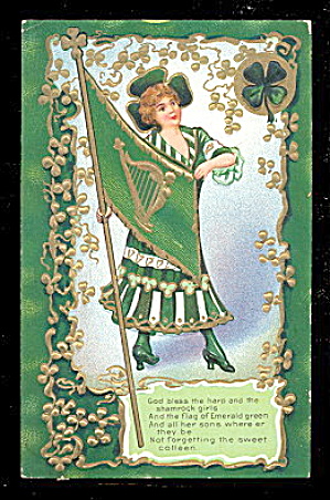 Lovely St. Patricks Day Girl with Flag 1910 Postcard (Image1)