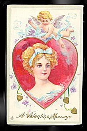 Lovely Girl in Heart with Cherub 1911 Postcard (Image1)