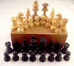 Click to view larger image of Old Wooden Chess Pieces in Box (Image1)