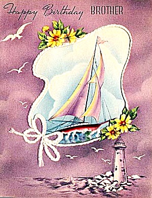 Brother's Birthday: Lighthouse, Sailboat, Seagulls; Wwii Era Unused Card
