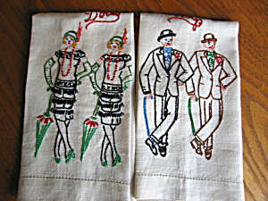 Vintage Guys And Dolls Embroidered Towels