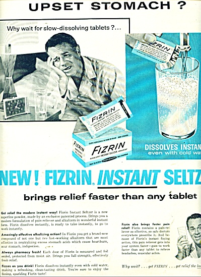 1957 Fizrin Instant Seltzer Tablets Ad Poor