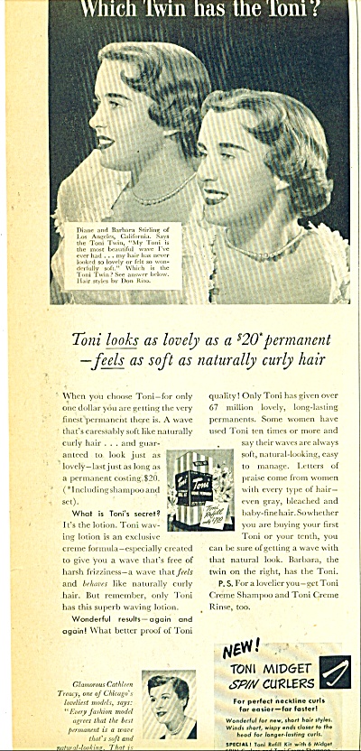 Toni Midget Spin Curlers Ad 1950