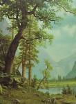 Click to view larger image of Vintage 1940s Litho Art Print Lithograph Trees Mountain Scene (Image1)