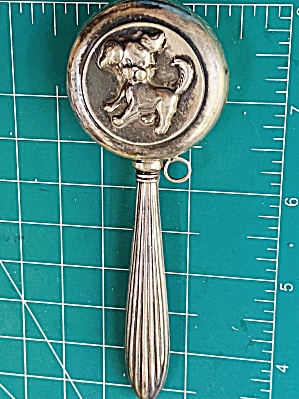 VINTAGE STERLING SILVER BABY “Happy Dog” HANDLE RATTLE  (Image1)