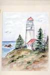 Watercolor painting of lighthouse and keeper's cottage with birds flying over the surf.  This unframed but matted painting measures 16 x 20 with inside dimensions of 10 1/2 x 13 1/2.  Buyer pays shipping and insurance
