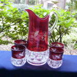 Click here to enlarge image and see more about item 6415-19: Kings Crown Ruby Thumbprint Tumblers and Pitcher