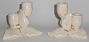 Red Wing Art Pottery Pair Antique White Candlesticks