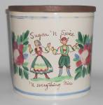 Click to view larger image of Bauer Pottery Floral Decorated Motto Canister W/Lid (Image1)