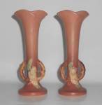 Click to view larger image of Vintage Pair Roseville Pottery Pink #379-8'' Vases (Image1)