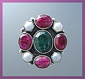 Ruby Emerald Pearl Sterling Silver Ring
