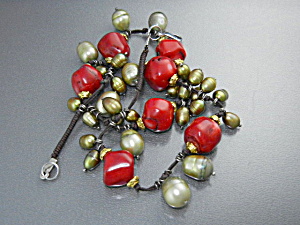 Coral Green Freshwater Pearls Necklace Lobster Clasp