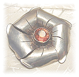 Silver Amber Glass  Flower Brooch Vintage (Image1)