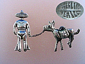 Sterling Silver Onyx Mexico Man And Donkey Double Pins
