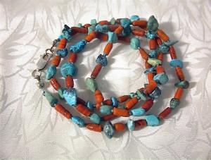 Turquoise & Natural Coral Necklace 31 Inches