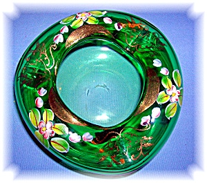Handmade Green Art Glass Poporee Bowl With Gold Decor