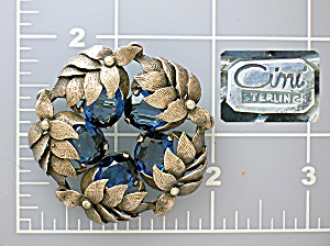 Cini Sterling Silver Leaf Wreath Sapphire Glass Brooch