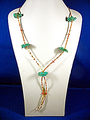 Navajo Hand Carved Turquoise Frogs Coral Heishi Necklac (Image1)