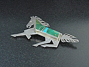 Turquoise Opal Sterling Silver Horse Pin Signed V