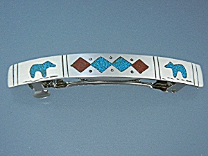 Navajo Hair Barrette Sterling Silver Coral Turquoise (Image1)