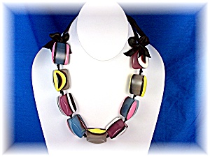 Lucite Yellow Pink Blue Black Beads On Ribbon Necklace