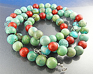 Turquoise and Apple Coral 30 Inch Necklace S Silver Cla (Image1)