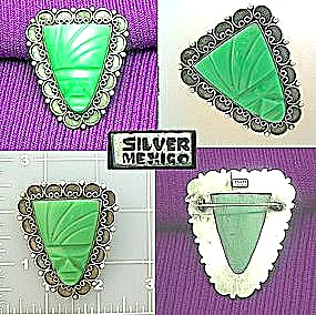 Mecico Sterling Silver Green Glass Brooch