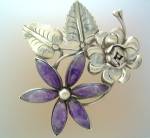 Click to view larger image of Brooch  Sterling Silver Amethyst Leaves flower Mexico (Image3)