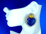 Click to view larger image of David Troutman Sterling Silver Lapis Amber Heart Earrin (Image2)