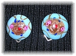 Click to view larger image of Turquoise Blue Gold Rose Venetian Glass Clip Earrings (Image1)