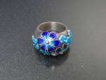 Ring Sterling Silver Enamel Blue Flowers Hand Made