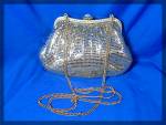 Click here to enlarge image and see more about item 1202010104: Gold Mesh Whiting  Davis Evening Bag Pearl Rhinestone T