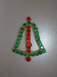 Christmas Goldtone Green and Red Crystal Bell Brooch