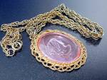 Glass Pink Cameo Gold Tone Necklace