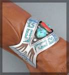 Click to view larger image of Navajo Turquoise Coral Sterling Silver  B. JAMES  Cuff (Image4)