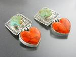 Click to view larger image of David Troutman Sterling Silver Apple Coral Turquoise Ea (Image2)