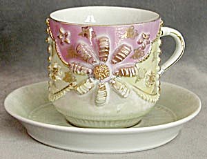 Victorian Large German Pink & Green Luster Cup & Saucer (Image1)