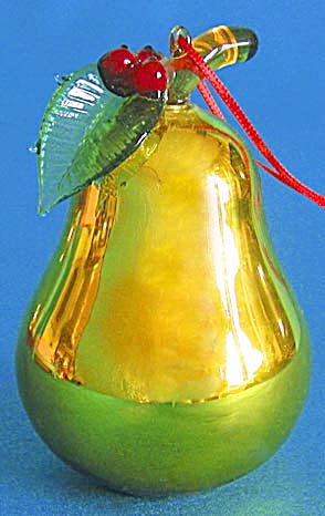 Metallic Gold Glass Pear With Glass Holly Ornament