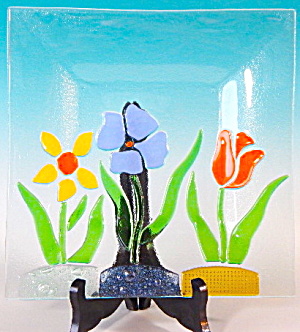 Clear Square Glass Plate with multicolor Fussed Flowers (Image1)