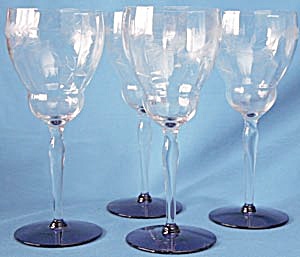 Vintage Etched Flowers & Cobalt Base Wine Glasses (Image1)