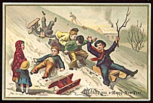 Vintage New Year Card With Children Sledding