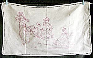 Vintage Red Embroidery Of Child In A Swan Sled