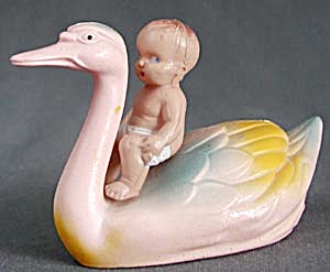 Vintage Unusual Celluloid  Baby Riding Swan (Image1)