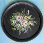 Click here to enlarge image and see more about item MVG2: Vintage Large Round Black Tole Tray with Flower Spray