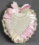 Click here to enlarge image and see more about item SVPC13: Vintage Heart Crochet & Ribbon Pillow Pin Cushion