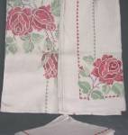 Click here to enlarge image and see more about item TVTABCL9: Vintage Linen Cross Stitched Tablecloth & Napkins